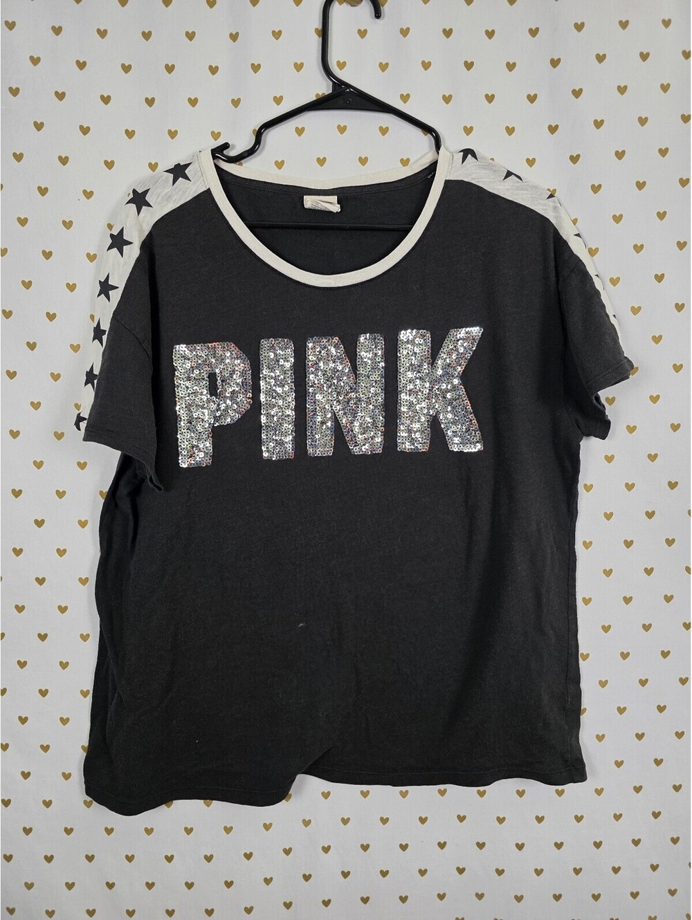 Victorias Secret PINK Bling Logo Tee shirt Stars Sequins Large